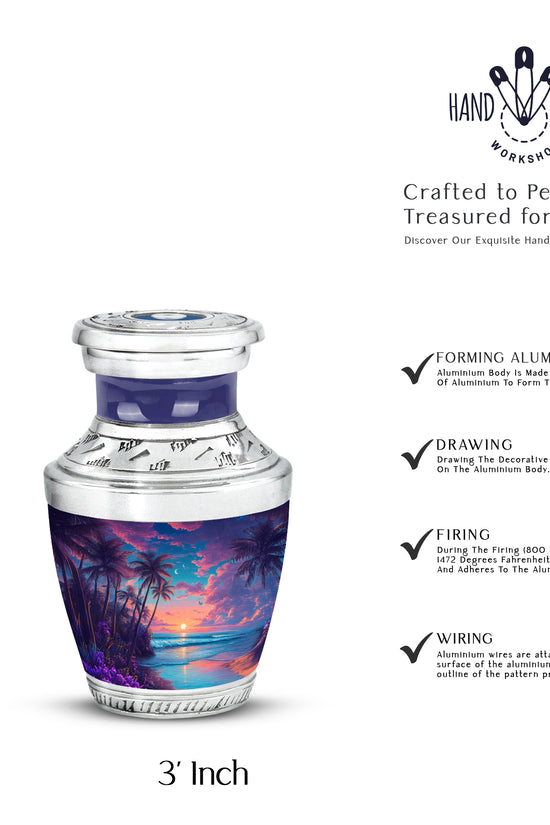Twilight Blue Beach Cremation Urn top-down view of secure threaded lid - stylized abstract beach pattern with bold lines - mini keepsake memorial for portion of cremation ashes
