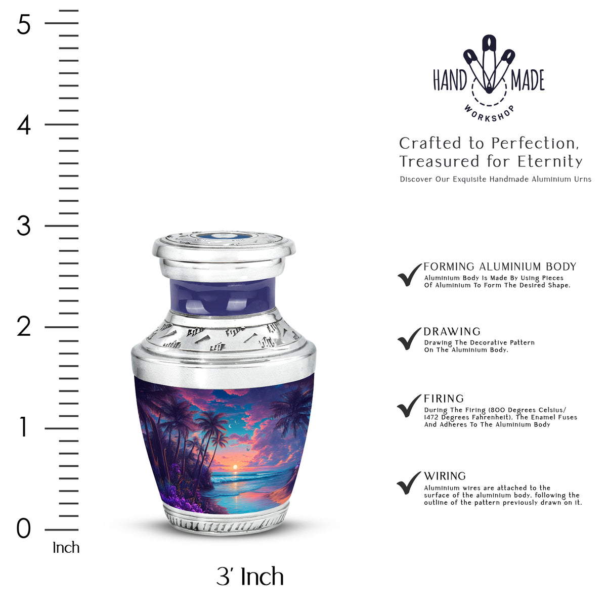 Twilight Blue Beach Cremation Urn top-down view of secure threaded lid - stylized abstract beach pattern with bold lines - mini keepsake memorial for portion of cremation ashes