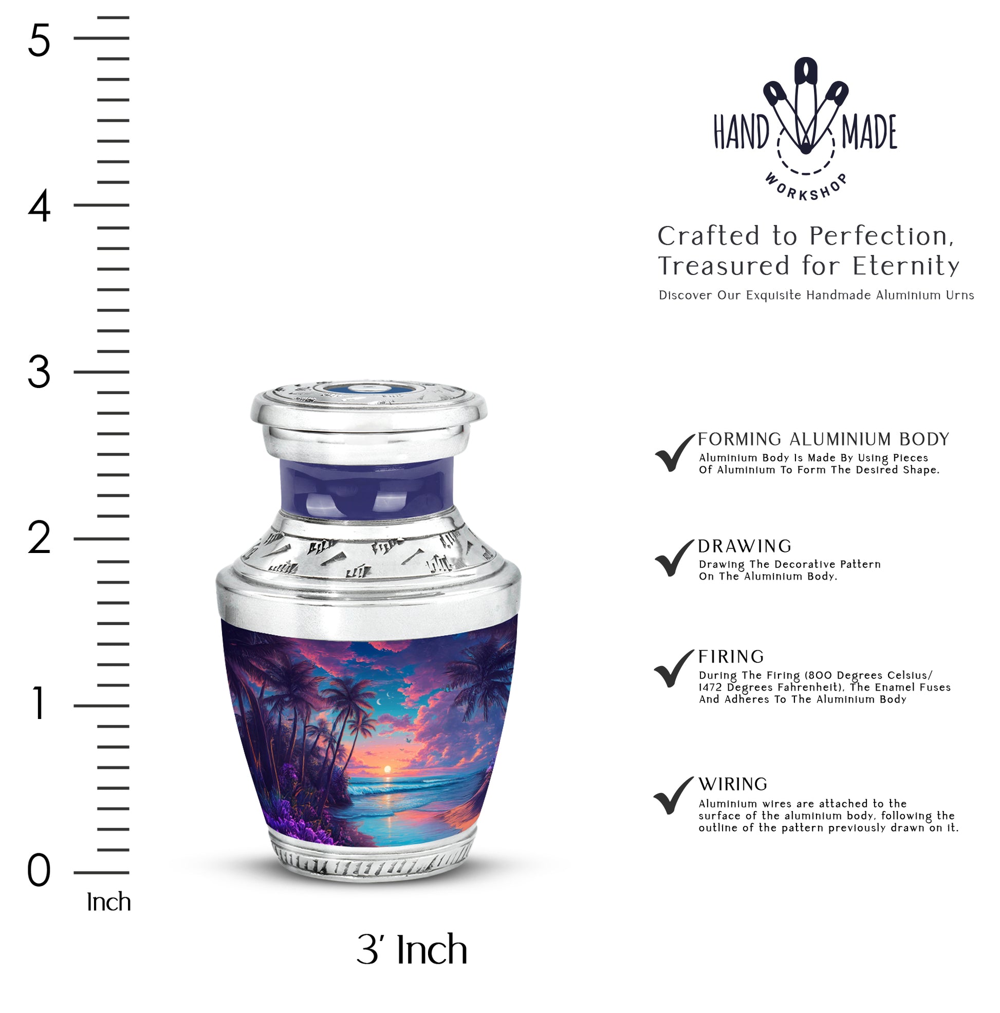Twilight Blue Beach Cremation Urn top-down view of secure threaded lid - stylized abstract beach pattern with bold lines - mini keepsake memorial for portion of cremation ashes