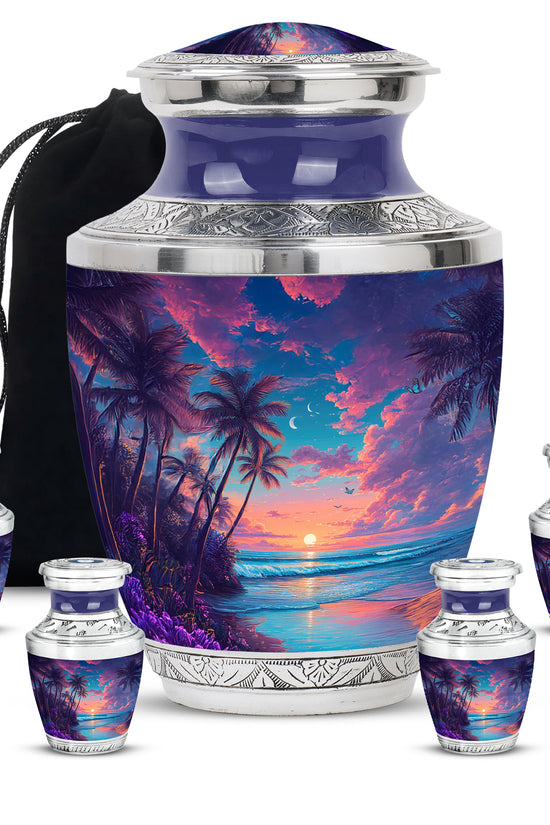 Slate Blue Beach Cremation Urn lifestyle display on memorial shelf - contemporary beach design with modern artistic flair - memorial set with one large and four small urns