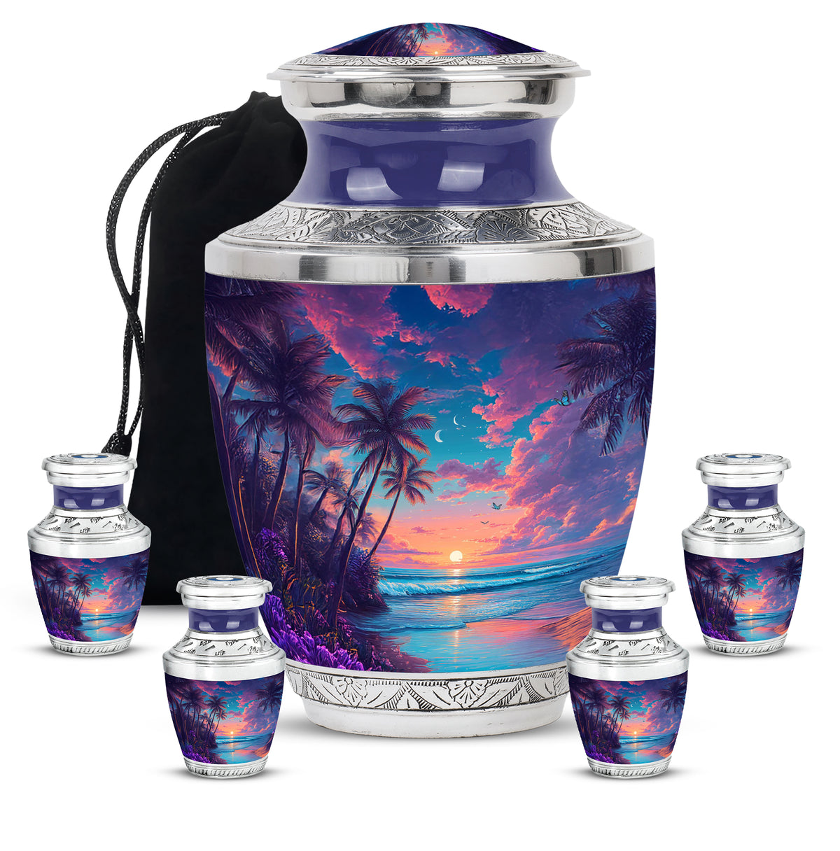 Slate Blue Beach Cremation Urn lifestyle display on memorial shelf - contemporary beach design with modern artistic flair - memorial set with one large and four small urns