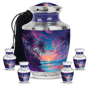 Slate Blue Beach Cremation Urn lifestyle display on memorial shelf - contemporary beach design with modern artistic flair - memorial set with one large and four small urns