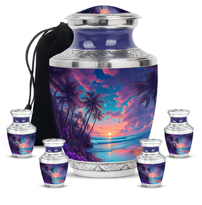 Slate Blue Beach Cremation Urn lifestyle display on memorial shelf - contemporary beach design with modern artistic flair - memorial set with one large and four small urns