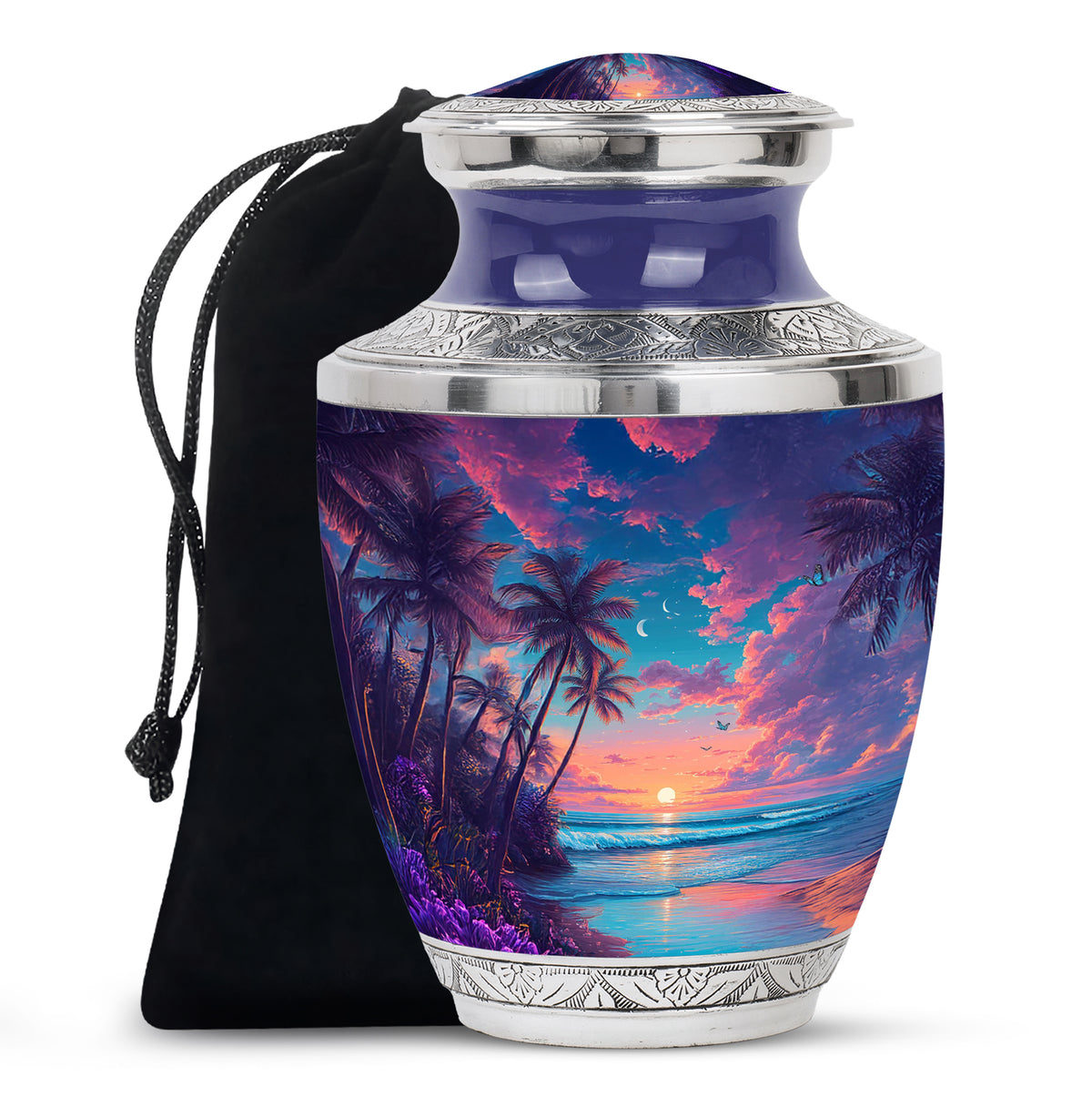 Twilight Blue Beach Cremation Urn side profile showing urn shape - artistic beach interpretation with creative detail - full-size 10 inch 200 cubic inch adult cremation urn