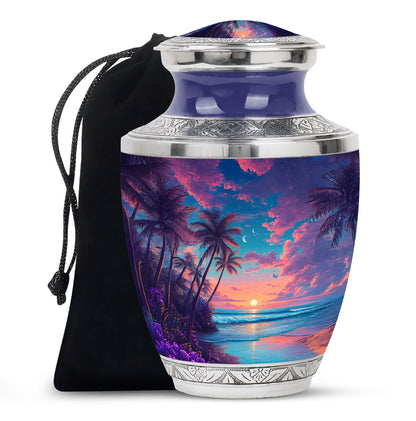 Twilight Blue Beach Cremation Urn side profile showing urn shape - artistic beach interpretation with creative detail - full-size 10 inch 200 cubic inch adult cremation urn