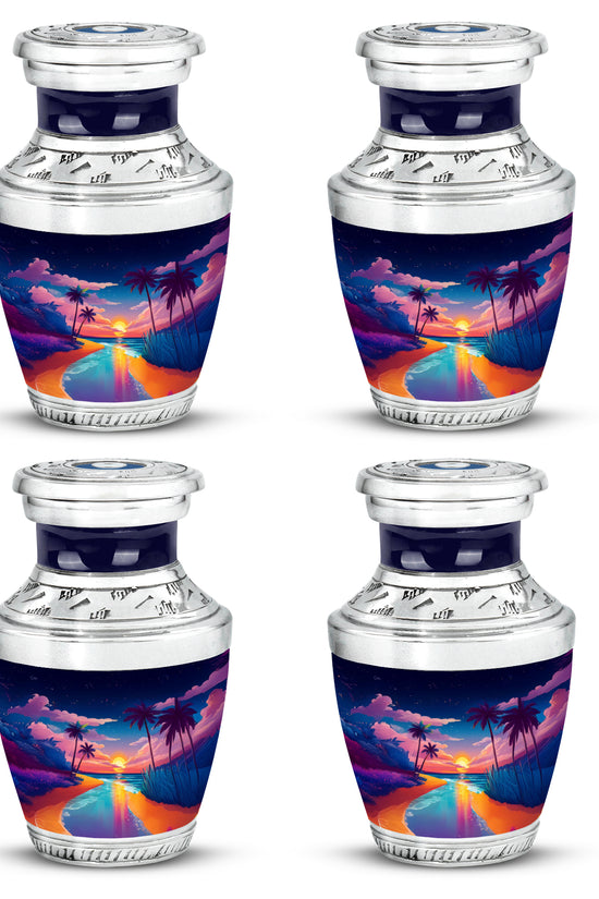 Cornflower Blue Beach Cremation Urn back view with polished surface - artistic beach interpretation with creative detail - 10 inch aluminum urn for cremated remains