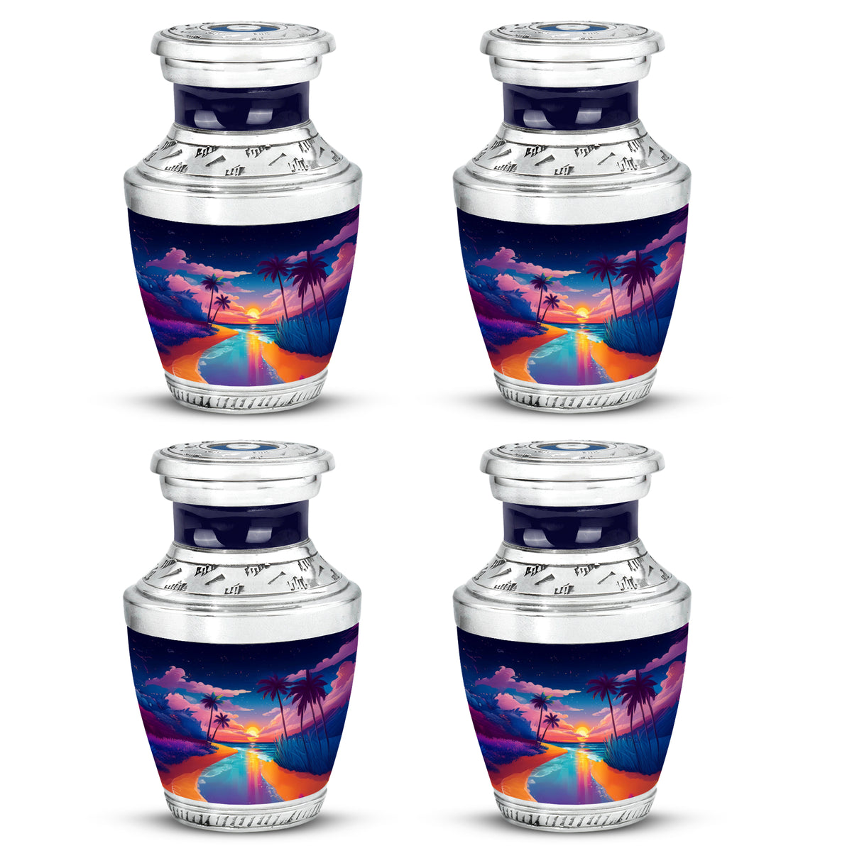 Cornflower Blue Beach Cremation Urn back view with polished surface - artistic beach interpretation with creative detail - 10 inch aluminum urn for cremated remains