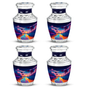 Cornflower Blue Beach Cremation Urn back view with polished surface - artistic beach interpretation with creative detail - 10 inch aluminum urn for cremated remains