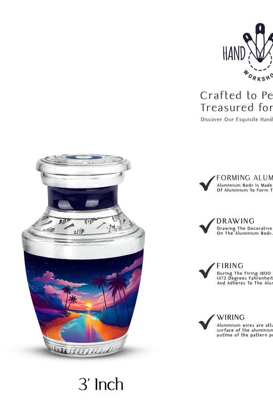 Icy Blue Beach Cremation Urn top-down view of secure threaded lid - modern art-inspired beach motif on sleek aluminum - mini keepsake memorial for portion of cremation ashes
