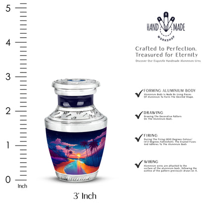 Icy Blue Beach Cremation Urn top-down view of secure threaded lid - modern art-inspired beach motif on sleek aluminum - mini keepsake memorial for portion of cremation ashes