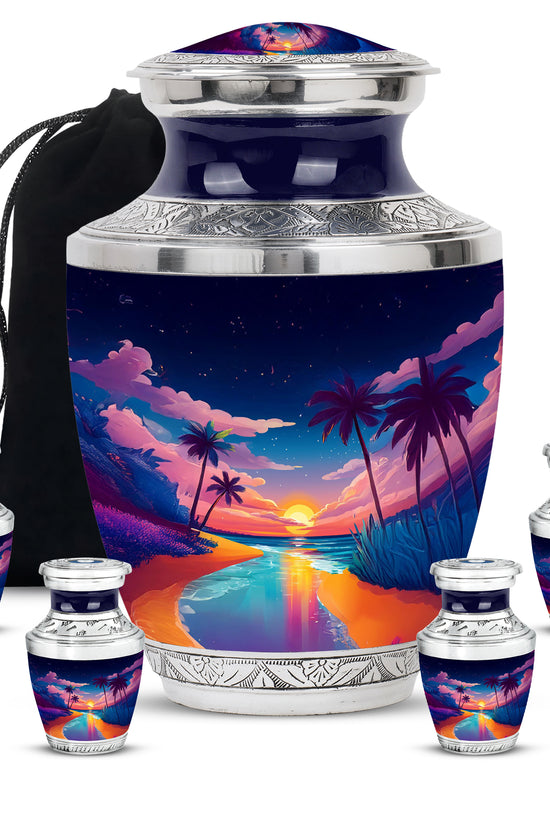 Sky Blue Beach Cremation Urn lifestyle display on memorial shelf - contemporary beach design with modern artistic flair - memorial set with one large and four small urns