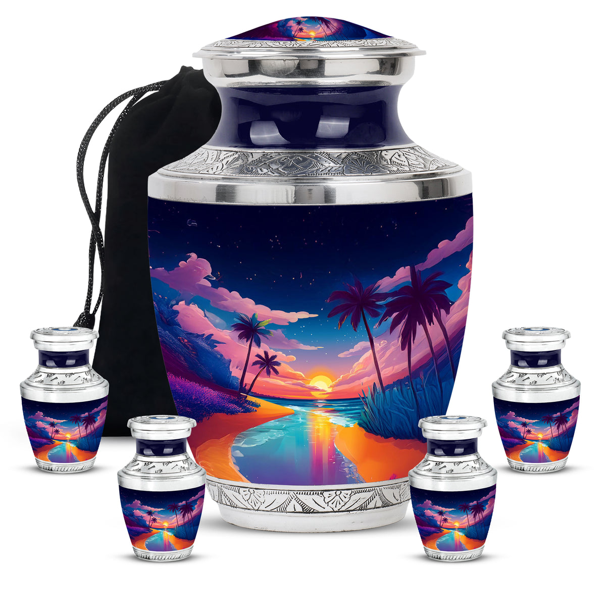 Sky Blue Beach Cremation Urn lifestyle display on memorial shelf - contemporary beach design with modern artistic flair - memorial set with one large and four small urns