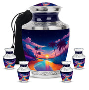 Sky Blue Beach Cremation Urn lifestyle display on memorial shelf - contemporary beach design with modern artistic flair - memorial set with one large and four small urns