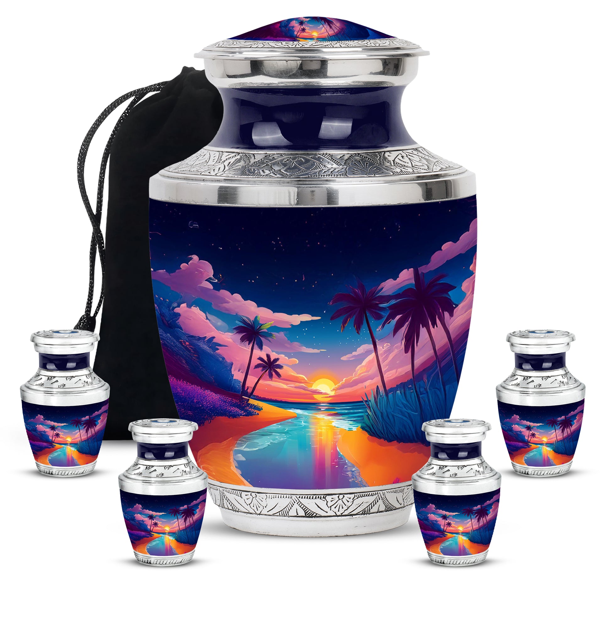 Sky Blue Beach Cremation Urn lifestyle display on memorial shelf - contemporary beach design with modern artistic flair - memorial set with one large and four small urns