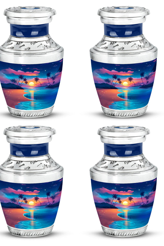 Navy Blue Beach Cremation Urn back view with polished surface - contemporary beach design with modern artistic flair - 10 inch aluminum urn for cremated remains