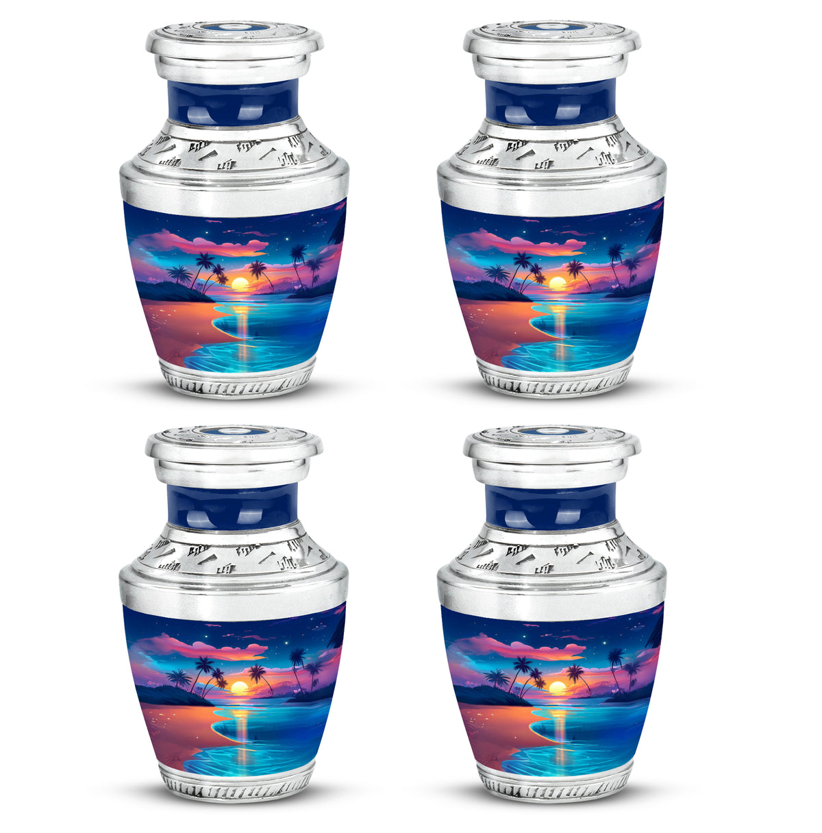 Navy Blue Beach Cremation Urn back view with polished surface - contemporary beach design with modern artistic flair - 10 inch aluminum urn for cremated remains