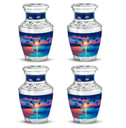 Navy Blue Beach Cremation Urn back view with polished surface - contemporary beach design with modern artistic flair - 10 inch aluminum urn for cremated remains