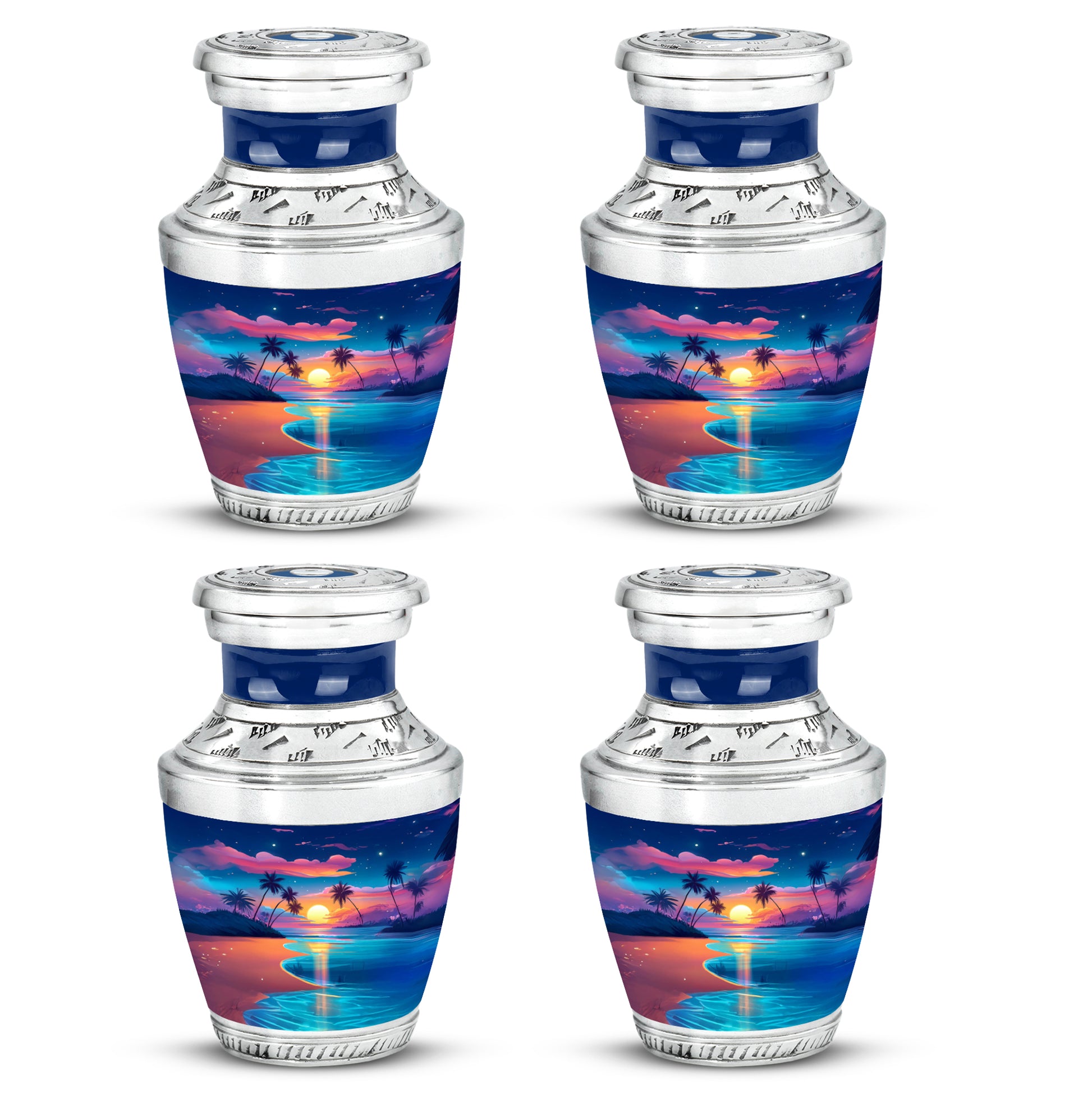 Navy Blue Beach Cremation Urn back view with polished surface - contemporary beach design with modern artistic flair - 10 inch aluminum urn for cremated remains