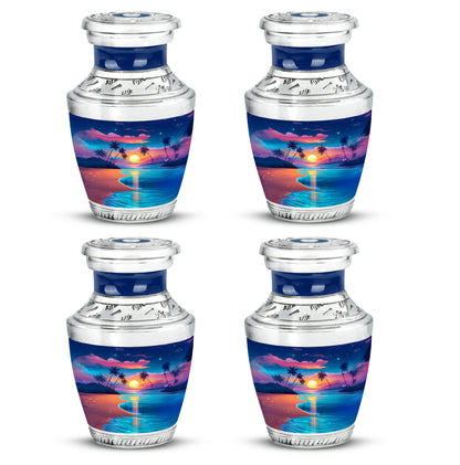 Navy Blue Beach Cremation Urn back view with polished surface - contemporary beach design with modern artistic flair - 10 inch aluminum urn for cremated remains