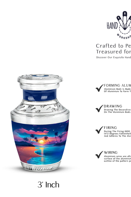 Powder Blue Beach Cremation Urn top-down view of secure threaded lid - modern art-inspired beach motif on sleek aluminum - mini keepsake memorial for portion of cremation ashes