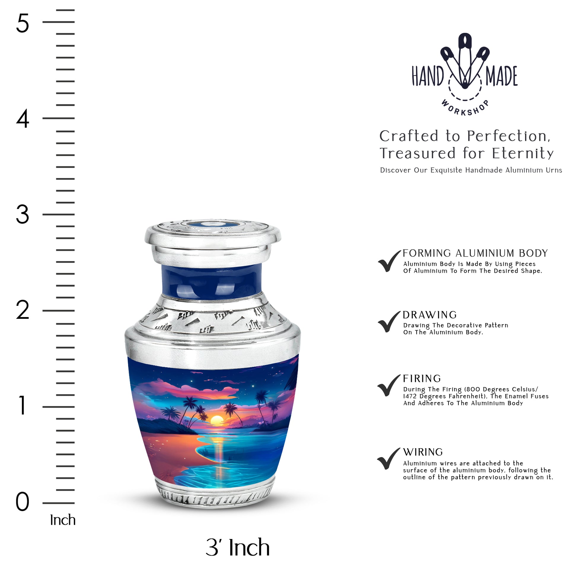 Powder Blue Beach Cremation Urn top-down view of secure threaded lid - modern art-inspired beach motif on sleek aluminum - mini keepsake memorial for portion of cremation ashes