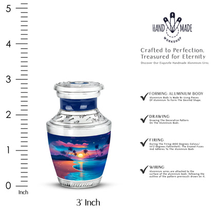 Powder Blue Beach Cremation Urn top-down view of secure threaded lid - modern art-inspired beach motif on sleek aluminum - mini keepsake memorial for portion of cremation ashes