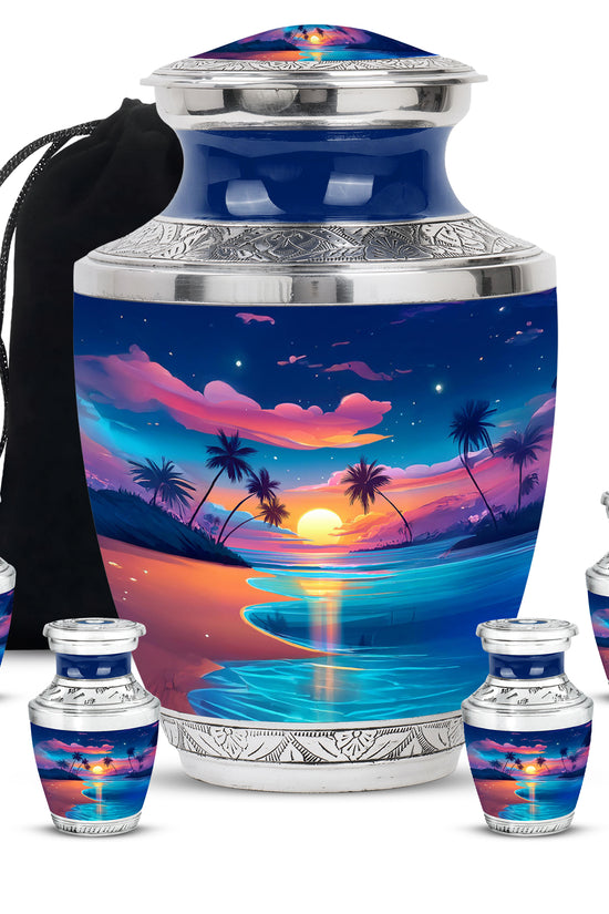 Serene Blue Beach Cremation Urn lifestyle display on memorial shelf - stylized abstract beach pattern with bold lines - memorial set with one large and four small urns