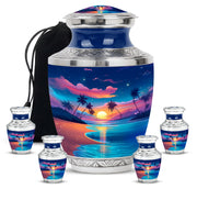 Serene Blue Beach Cremation Urn lifestyle display on memorial shelf - stylized abstract beach pattern with bold lines - memorial set with one large and four small urns