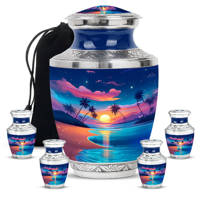 Serene Blue Beach Cremation Urn lifestyle display on memorial shelf - stylized abstract beach pattern with bold lines - memorial set with one large and four small urns