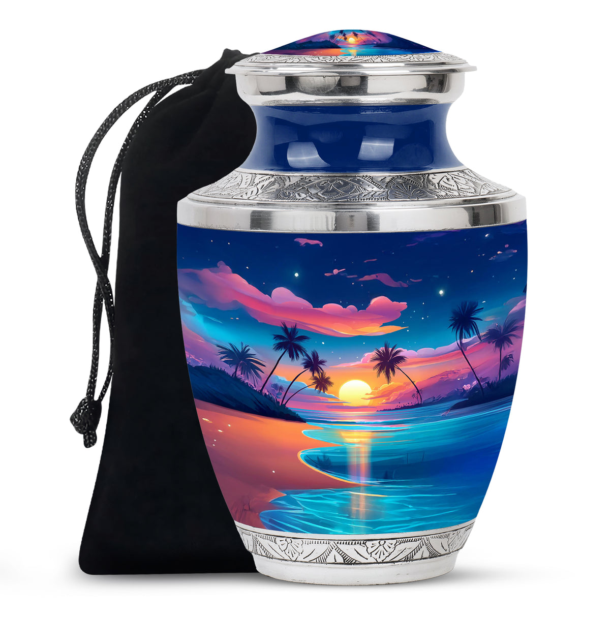 Cobalt Blue Beach Cremation Urn side profile showing urn shape - artistic beach interpretation with creative detail - full-size 10 inch 200 cubic inch adult cremation urn