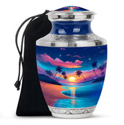 Cobalt Blue Beach Cremation Urn side profile showing urn shape - artistic beach interpretation with creative detail - full-size 10 inch 200 cubic inch adult cremation urn