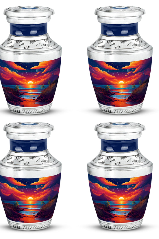 Soft Blue Beach Cremation Urn back view with polished surface - stylized abstract beach pattern with bold lines - 10 inch aluminum urn for cremated remains