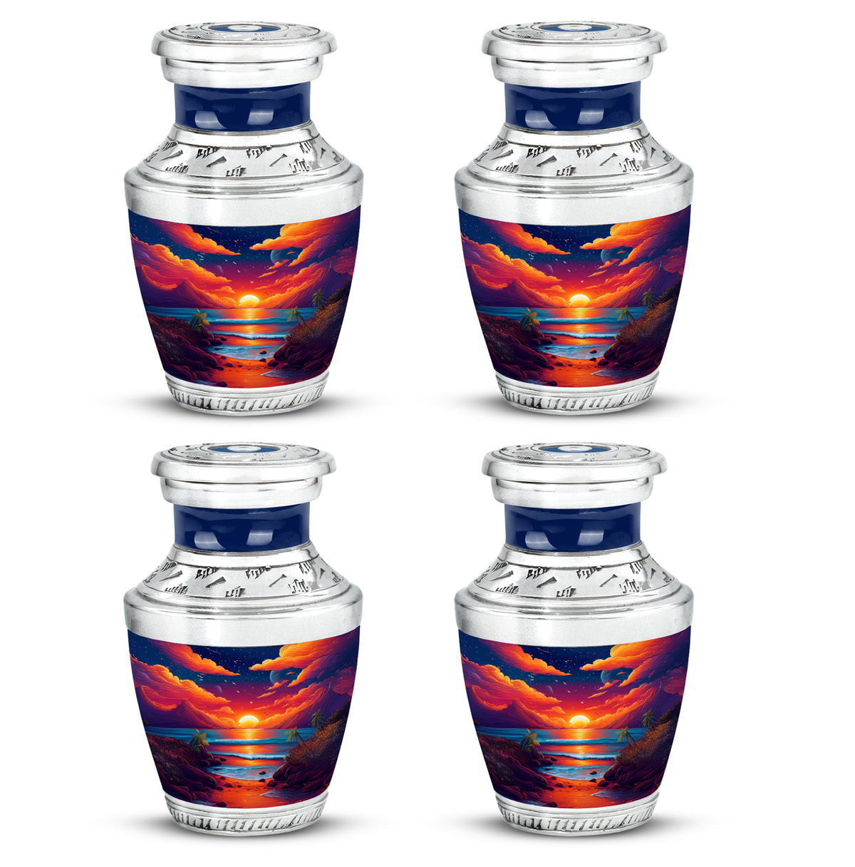 Soft Blue Beach Cremation Urn back view with polished surface - stylized abstract beach pattern with bold lines - 10 inch aluminum urn for cremated remains