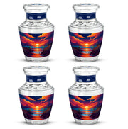 Soft Blue Beach Cremation Urn back view with polished surface - stylized abstract beach pattern with bold lines - 10 inch aluminum urn for cremated remains