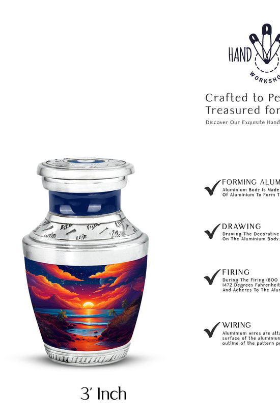 Bright Blue Beach Cremation Urn top-down view of secure threaded lid - artistic beach interpretation with creative detail - mini keepsake memorial for portion of cremation ashes