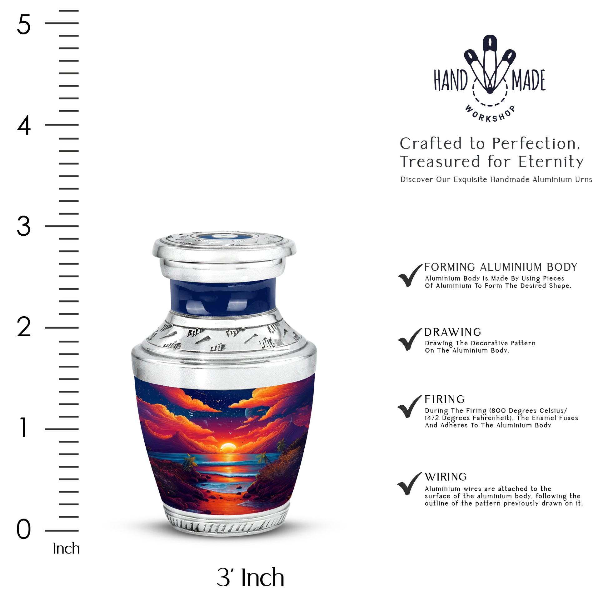 Bright Blue Beach Cremation Urn top-down view of secure threaded lid - artistic beach interpretation with creative detail - mini keepsake memorial for portion of cremation ashes