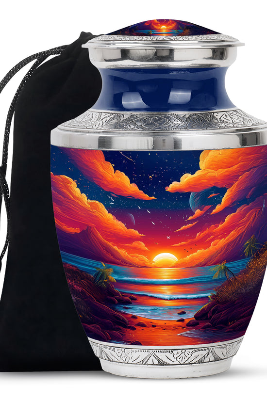 Indigo Beach Cremation Urn side profile showing urn shape - contemporary beach design with modern artistic flair - full-size 10 inch 200 cubic inch adult cremation urn