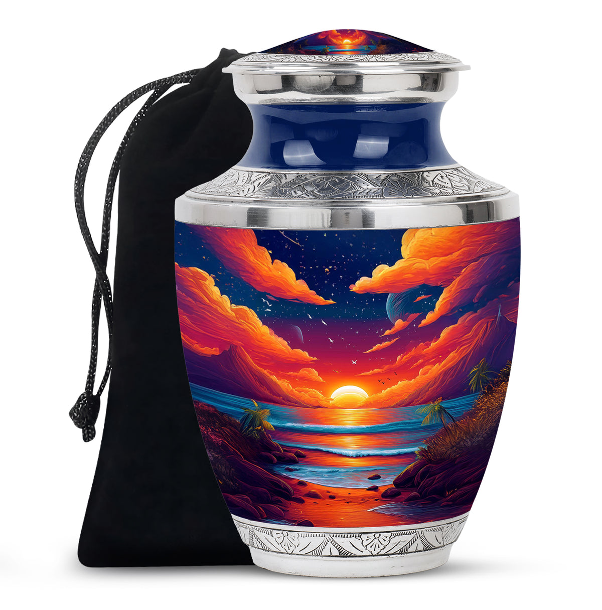 Indigo Beach Cremation Urn side profile showing urn shape - contemporary beach design with modern artistic flair - full-size 10 inch 200 cubic inch adult cremation urn