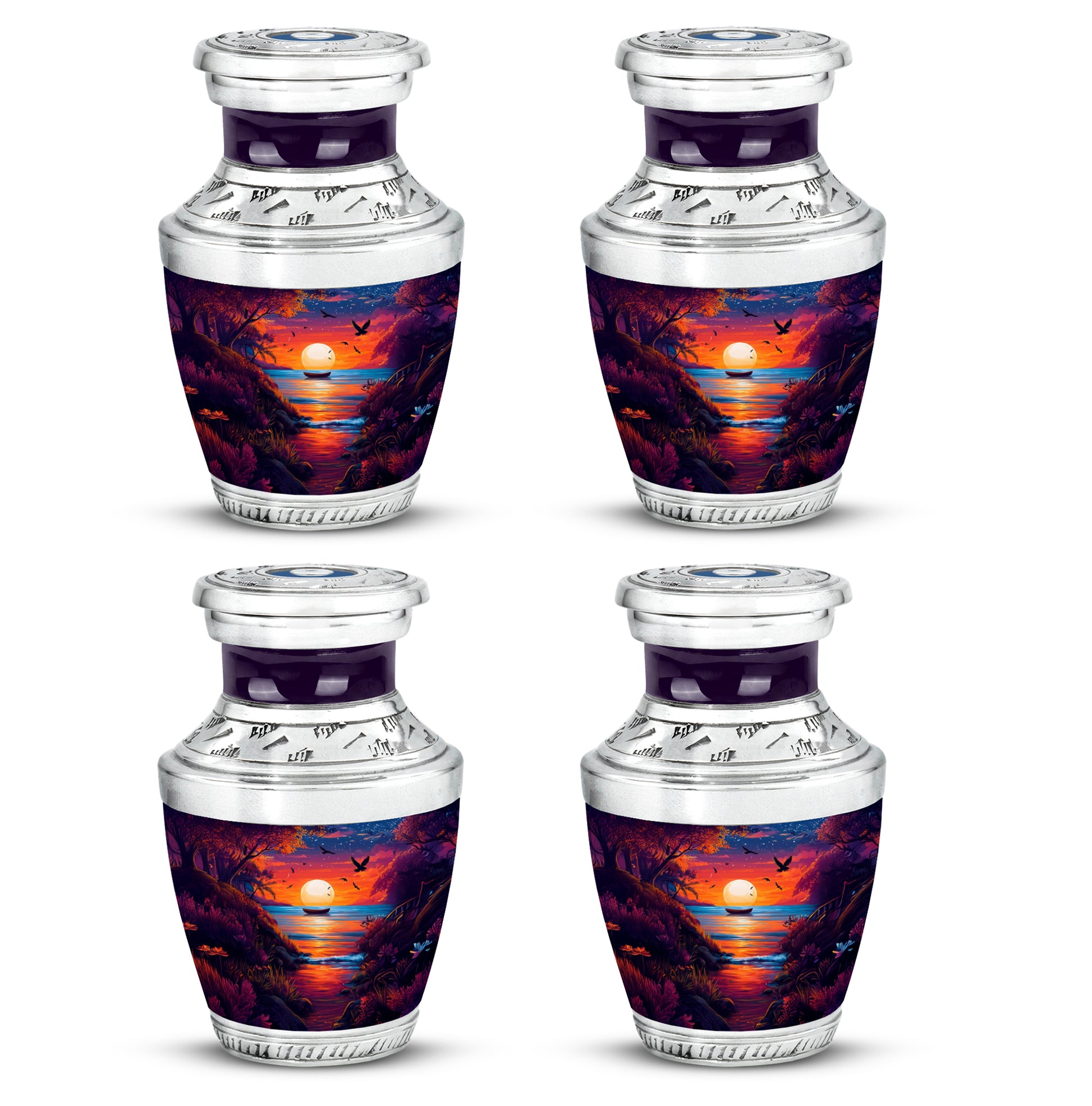 Misty Blue Beach Cremation Urn back view with polished surface - contemporary beach design with modern artistic flair - 10 inch aluminum urn for cremated remains