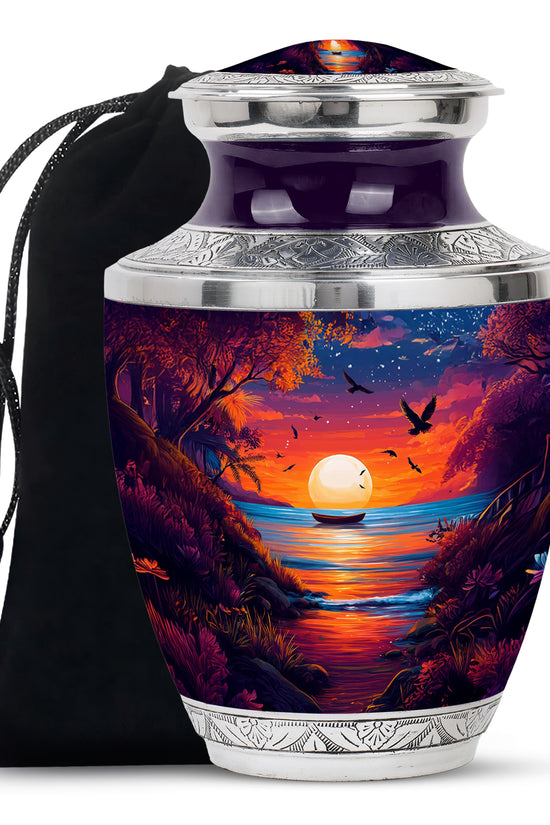 Dusty Blue Beach Cremation Urn side profile showing urn shape - modern art-inspired beach motif on sleek aluminum - full-size 10 inch 200 cubic inch adult cremation urn