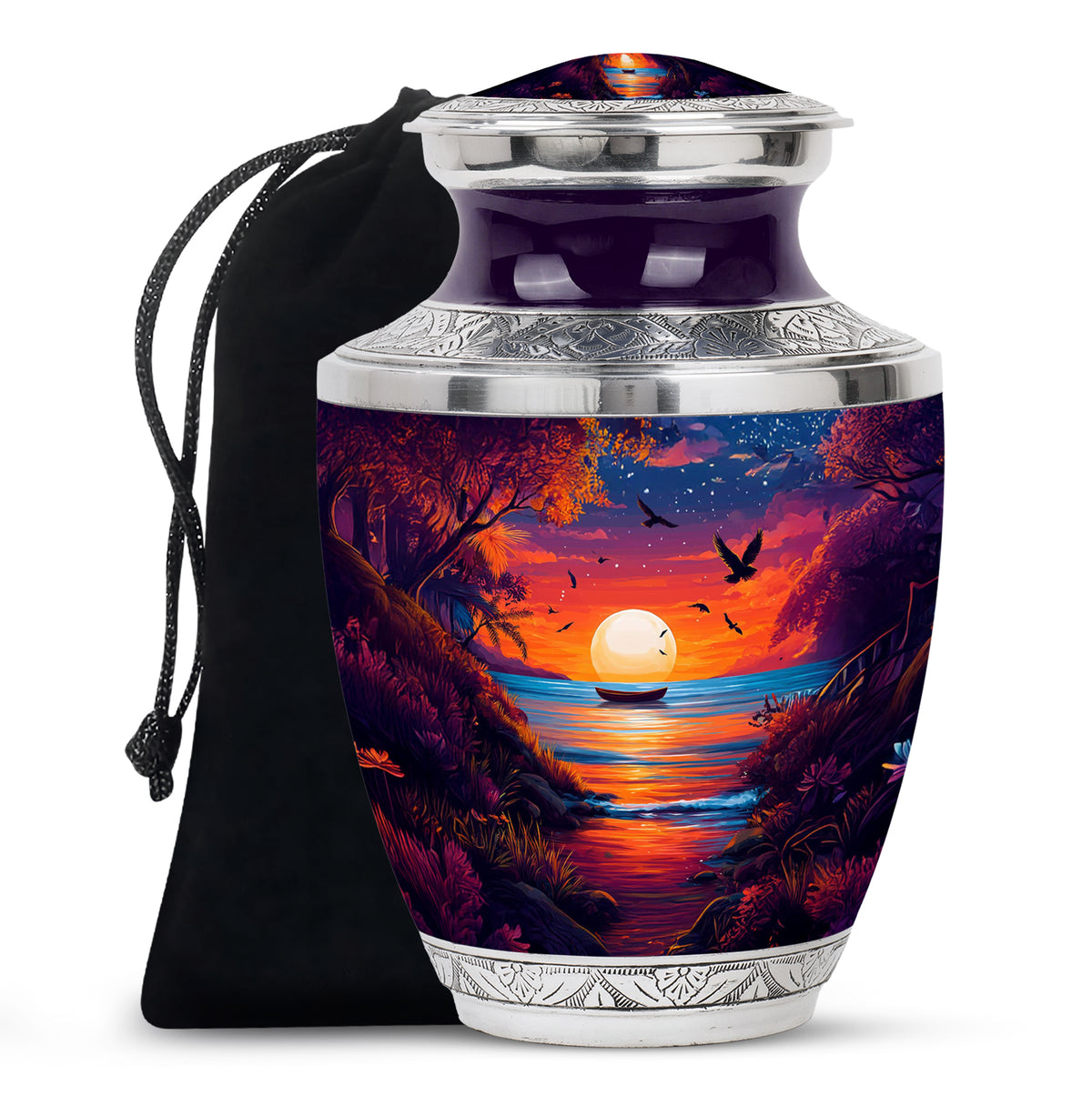 Dusty Blue Beach Cremation Urn side profile showing urn shape - modern art-inspired beach motif on sleek aluminum - full-size 10 inch 200 cubic inch adult cremation urn