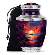 Dusty Blue Beach Cremation Urn side profile showing urn shape - modern art-inspired beach motif on sleek aluminum - full-size 10 inch 200 cubic inch adult cremation urn