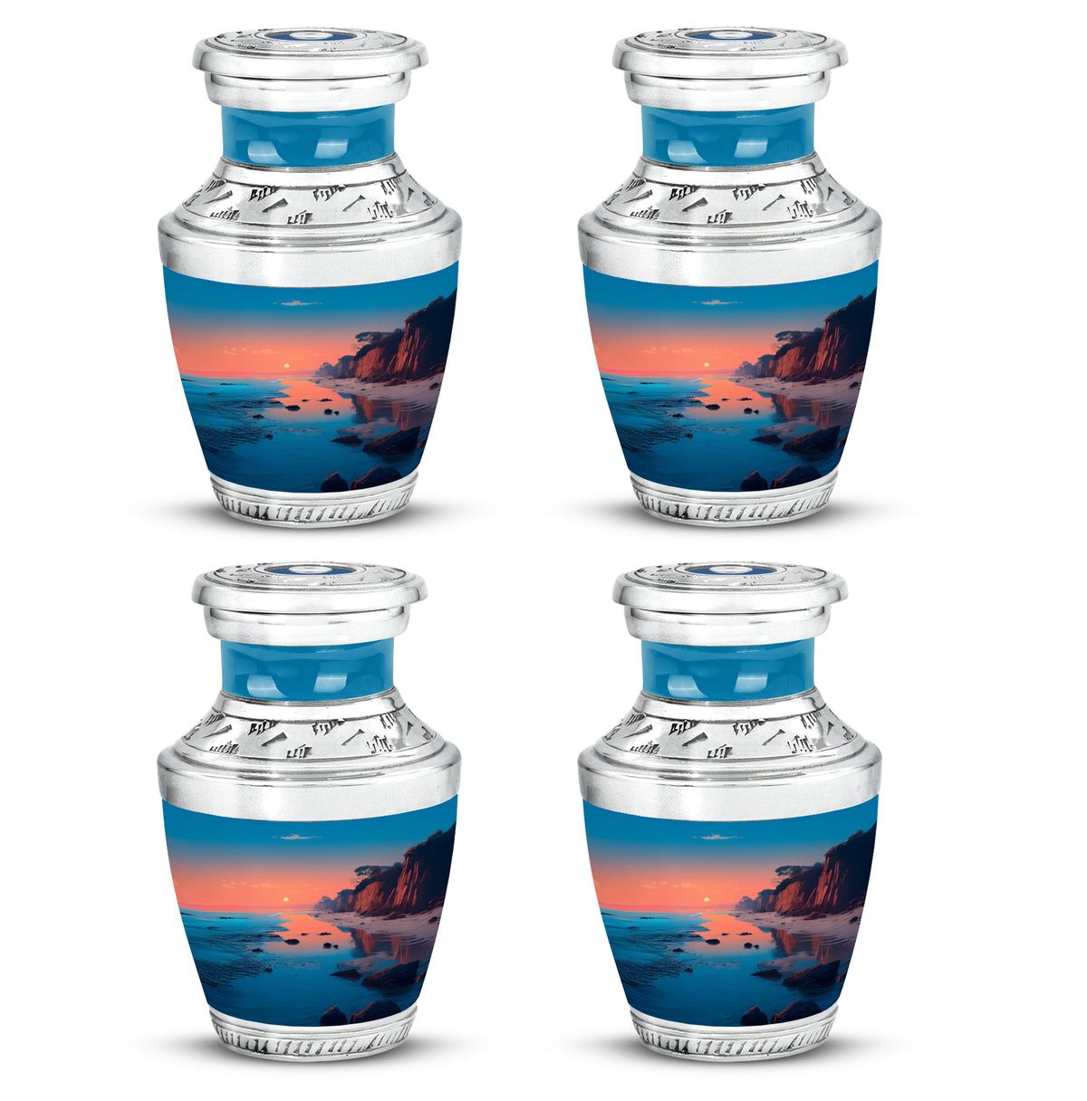Jewel Teal Beach Cremation Urn back view with polished surface - contemporary beach design with modern artistic flair - 10 inch aluminum urn for cremated remains