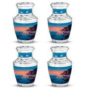 Jewel Teal Beach Cremation Urn back view with polished surface - contemporary beach design with modern artistic flair - 10 inch aluminum urn for cremated remains