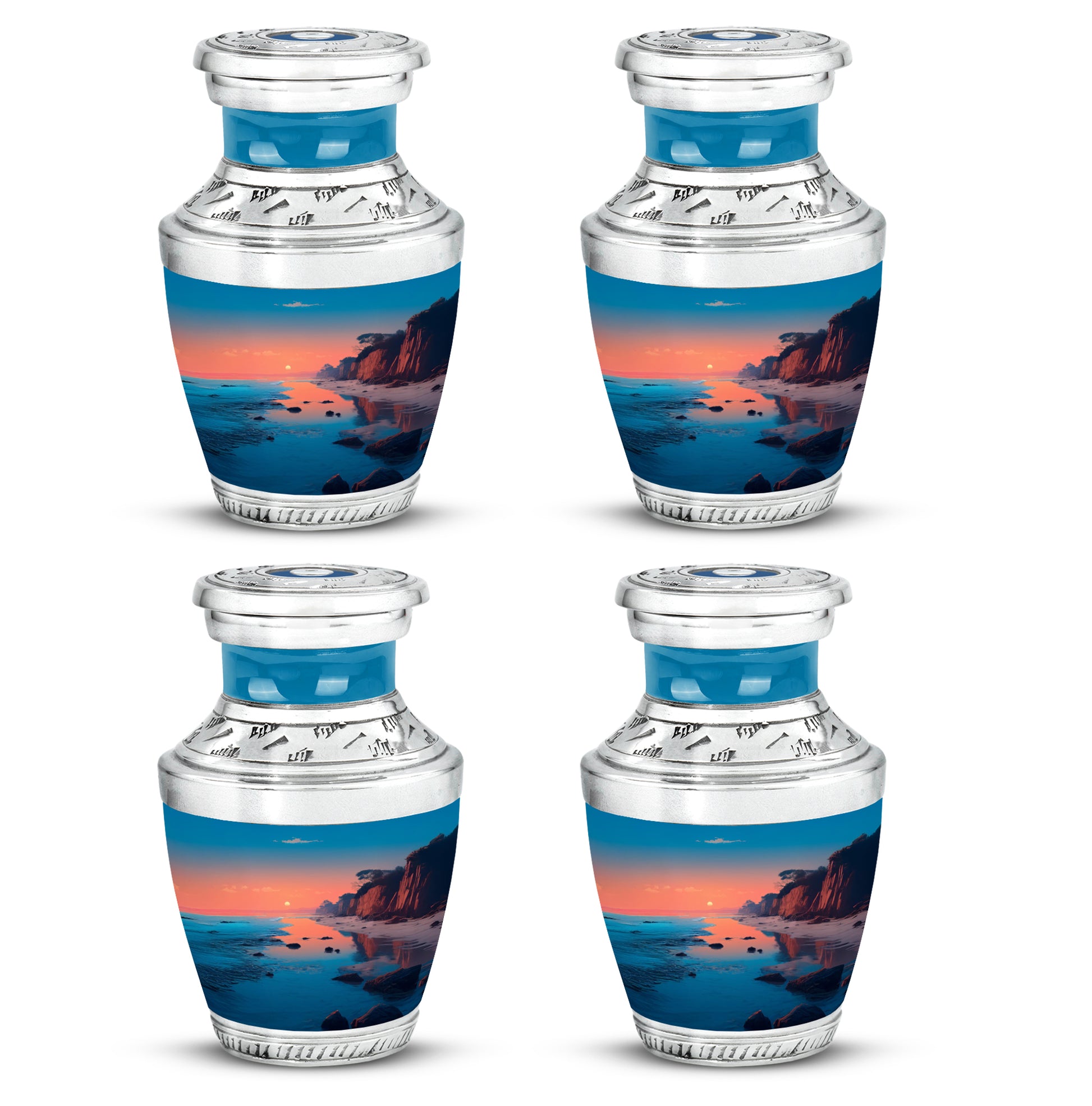 Jewel Teal Beach Cremation Urn back view with polished surface - contemporary beach design with modern artistic flair - 10 inch aluminum urn for cremated remains