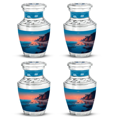Jewel Teal Beach Cremation Urn back view with polished surface - contemporary beach design with modern artistic flair - 10 inch aluminum urn for cremated remains