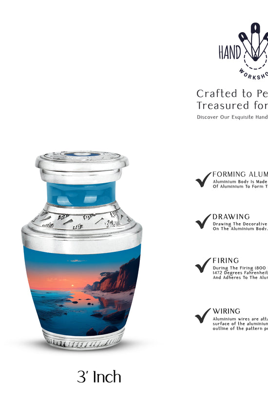 Mystic Teal Beach Cremation Urn top-down view of secure threaded lid - stylized abstract beach pattern with bold lines - mini keepsake memorial for portion of cremation ashes