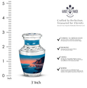Mystic Teal Beach Cremation Urn top-down view of secure threaded lid - stylized abstract beach pattern with bold lines - mini keepsake memorial for portion of cremation ashes