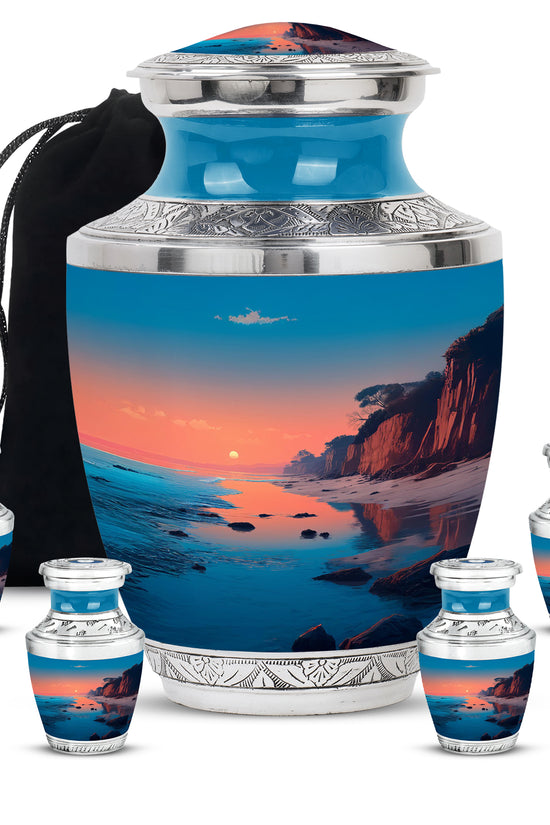 Deep Teal Beach Cremation Urn lifestyle display on memorial shelf - artistic beach interpretation with creative detail - memorial set with one large and four small urns