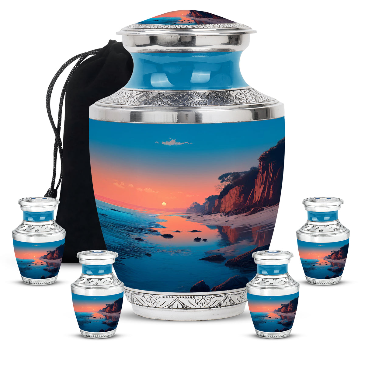 Deep Teal Beach Cremation Urn lifestyle display on memorial shelf - artistic beach interpretation with creative detail - memorial set with one large and four small urns